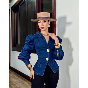Denim Puff Sleeve Blazer Top Women’s Fitted Jean Jacket Blouse